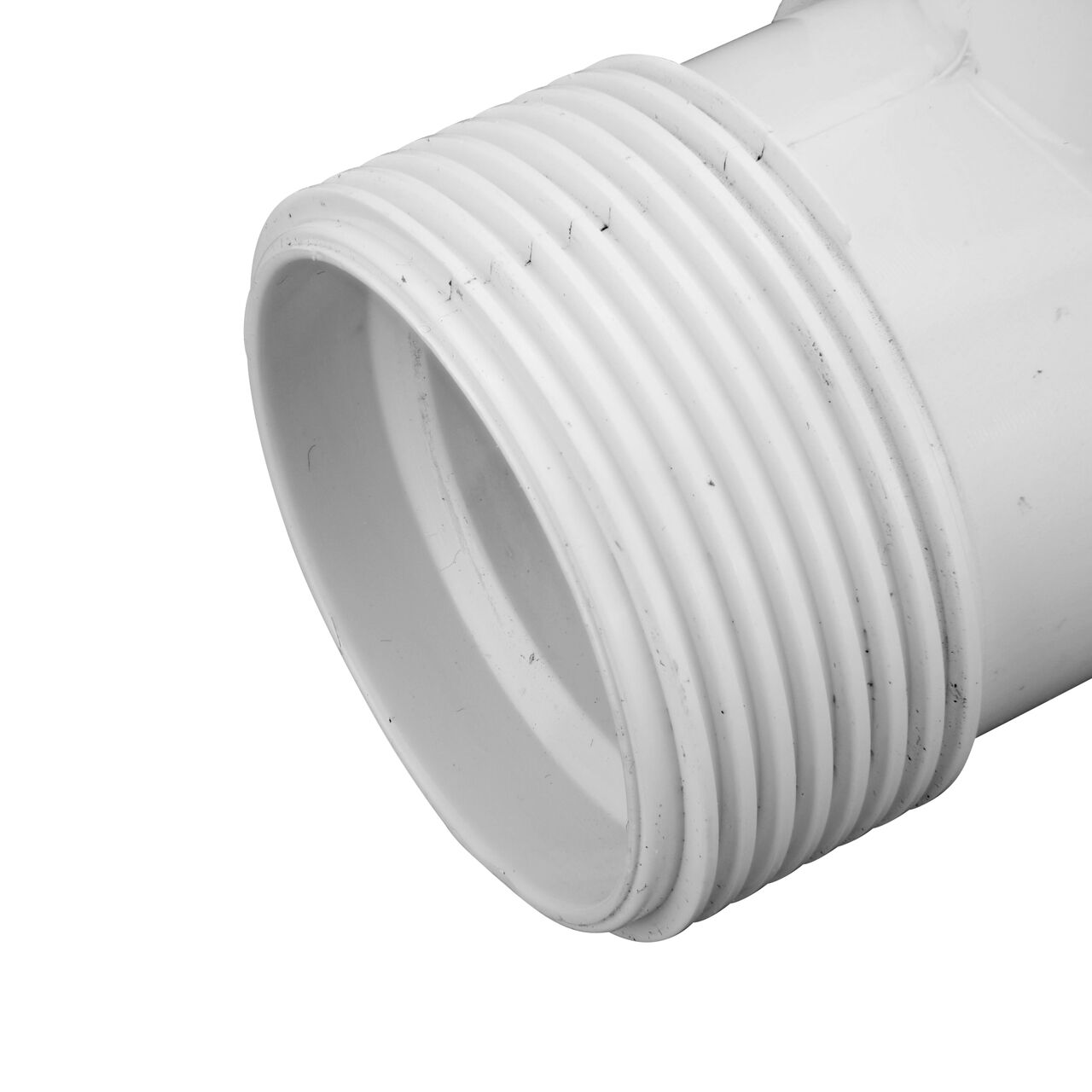 Closeup view of the NDS PVC Threaded Tees showing the compression end with 1 in. adjustable nuts removed and once installed provides a leak resistant connection (NDS CPT-1000-S)