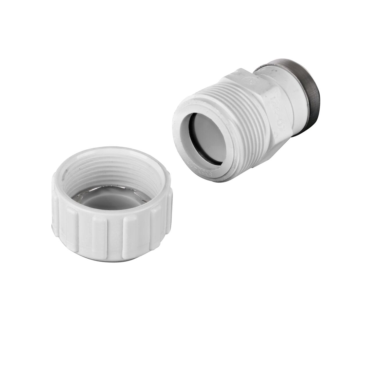 Unassembled NDS 3/4 in. FPT Flo-Lock™ Gripper Adapter showing where the two ends come apart to secure the adapter to the pipe (NDS 136-07)