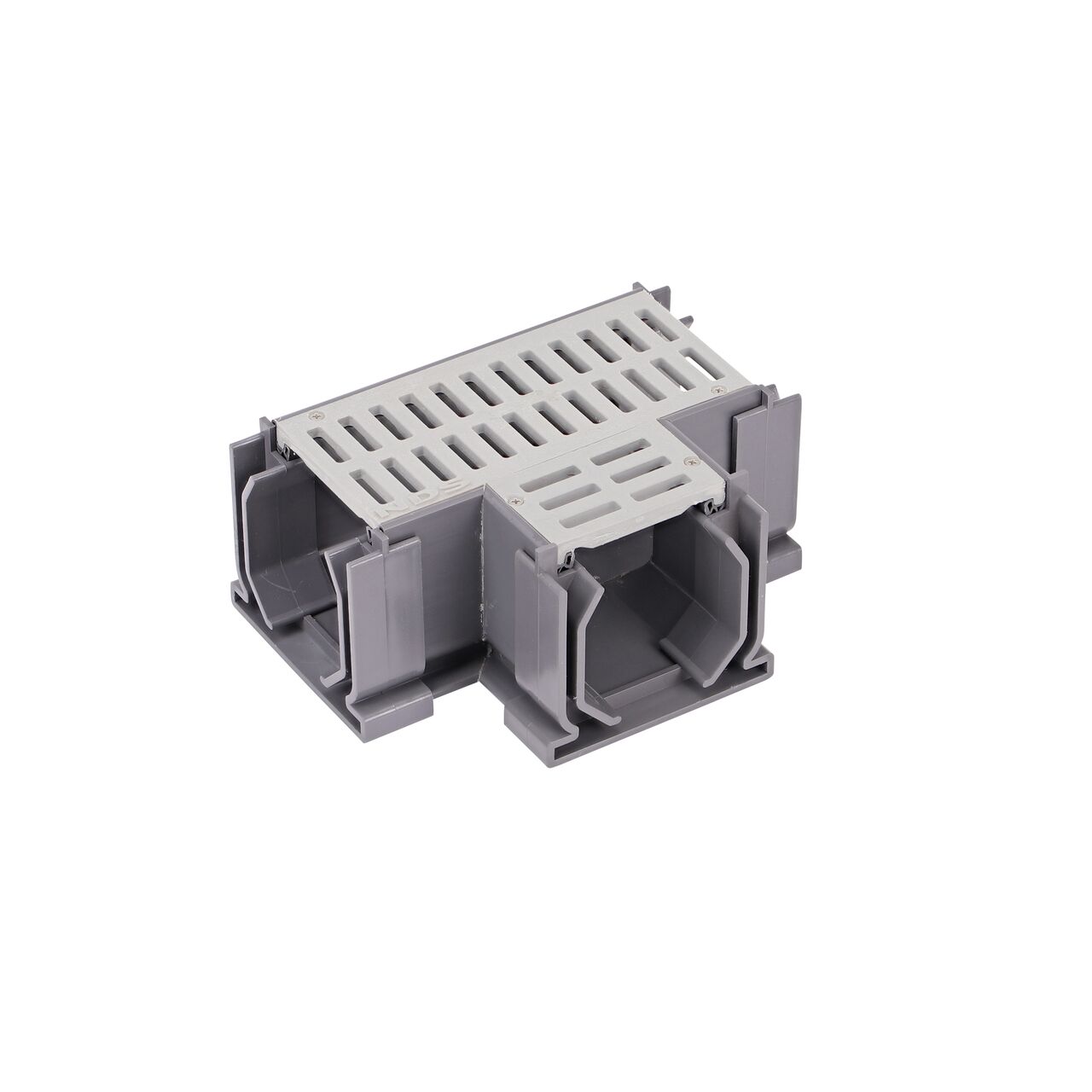 Installation of couplers on either end of the NDS Gray Mini Channel™ Drain Tee and Grate (NDS 5370)