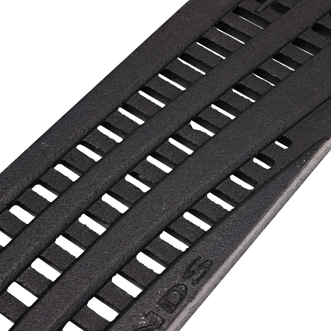 Closeup Angled View of the NDS Spee-D® Channel Drain Grate in Cast Iron Decorative Wave Design (NDS 253CI)