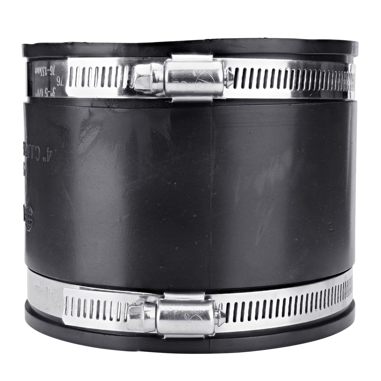 The NDS 4 in. flex coupling, in vertical position, connects two cast iron/sewer and drain or DWV/copper/steel/lead pipes and provides leak-resistant seals with virtually any pipe (NDS 56-44)