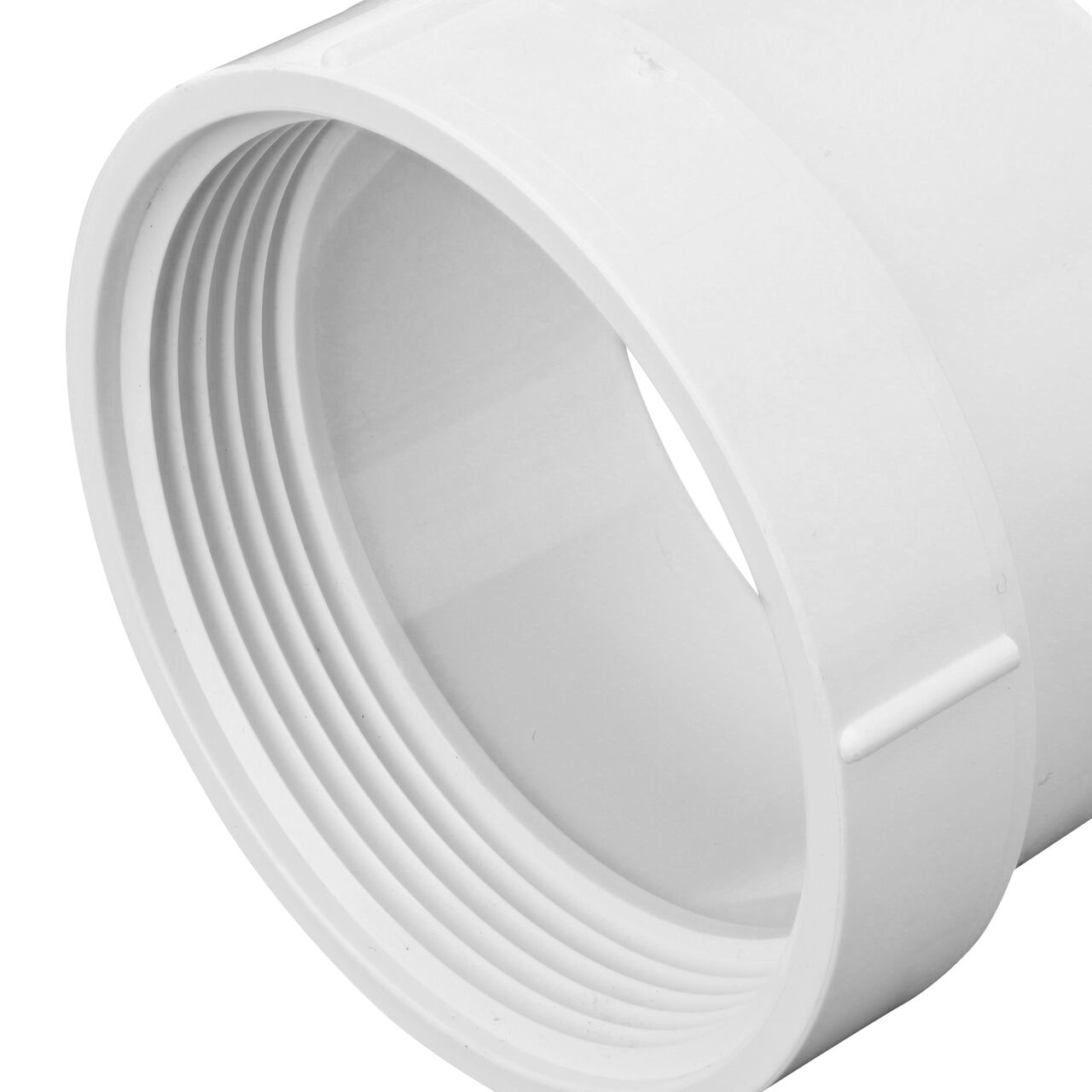 Closeup view of the threaded FPT end of the NDS 3 inch PVC female cleanout adapter (NDS 3P11)