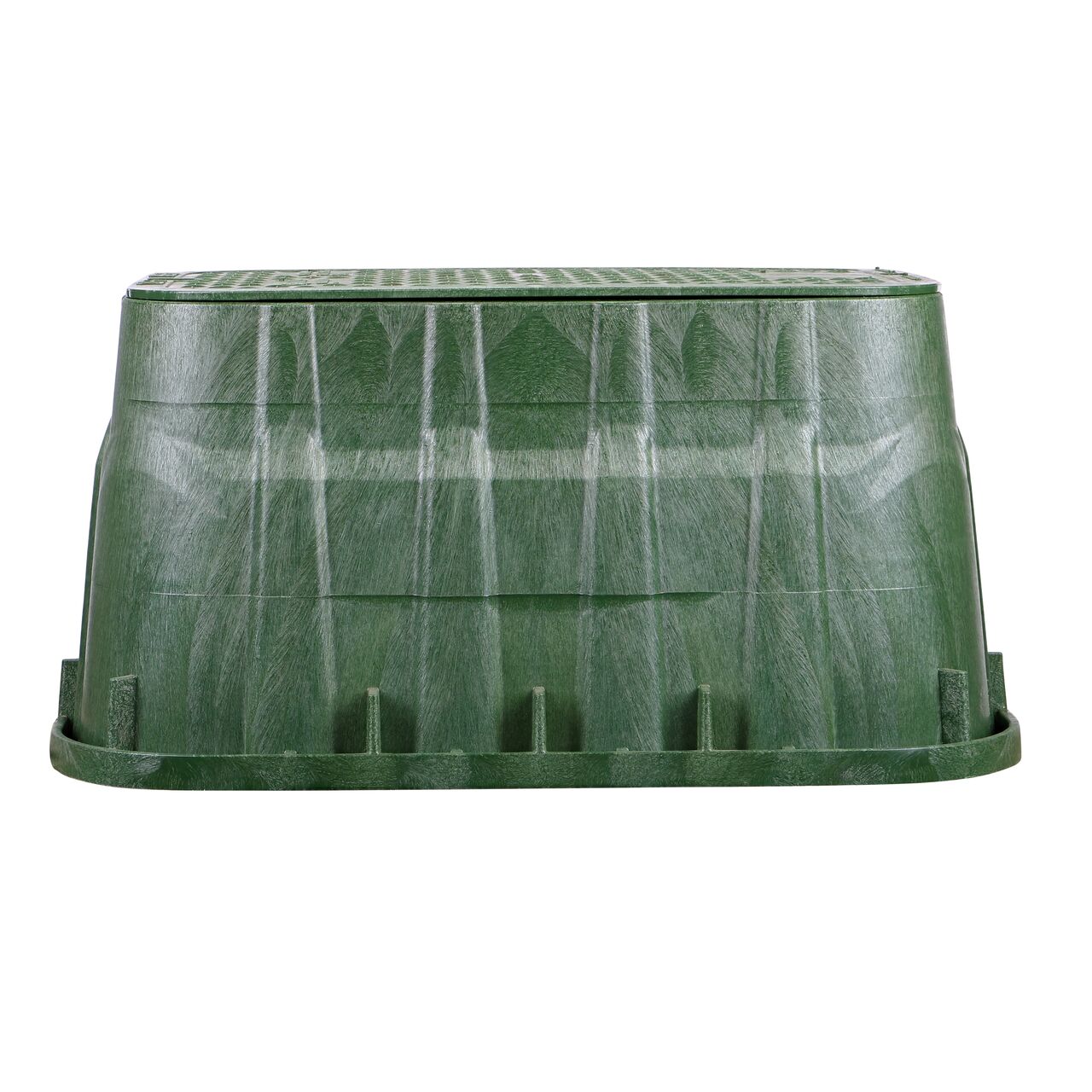Side view of the longer length side of the NDS 13 in. X 20 in. Rectangular Pro-Spec® Series Valve Box & Irrigation Control Valve Cover (NDS 318BCB) which is engineered for superior strength with structural reinforcing ribs
