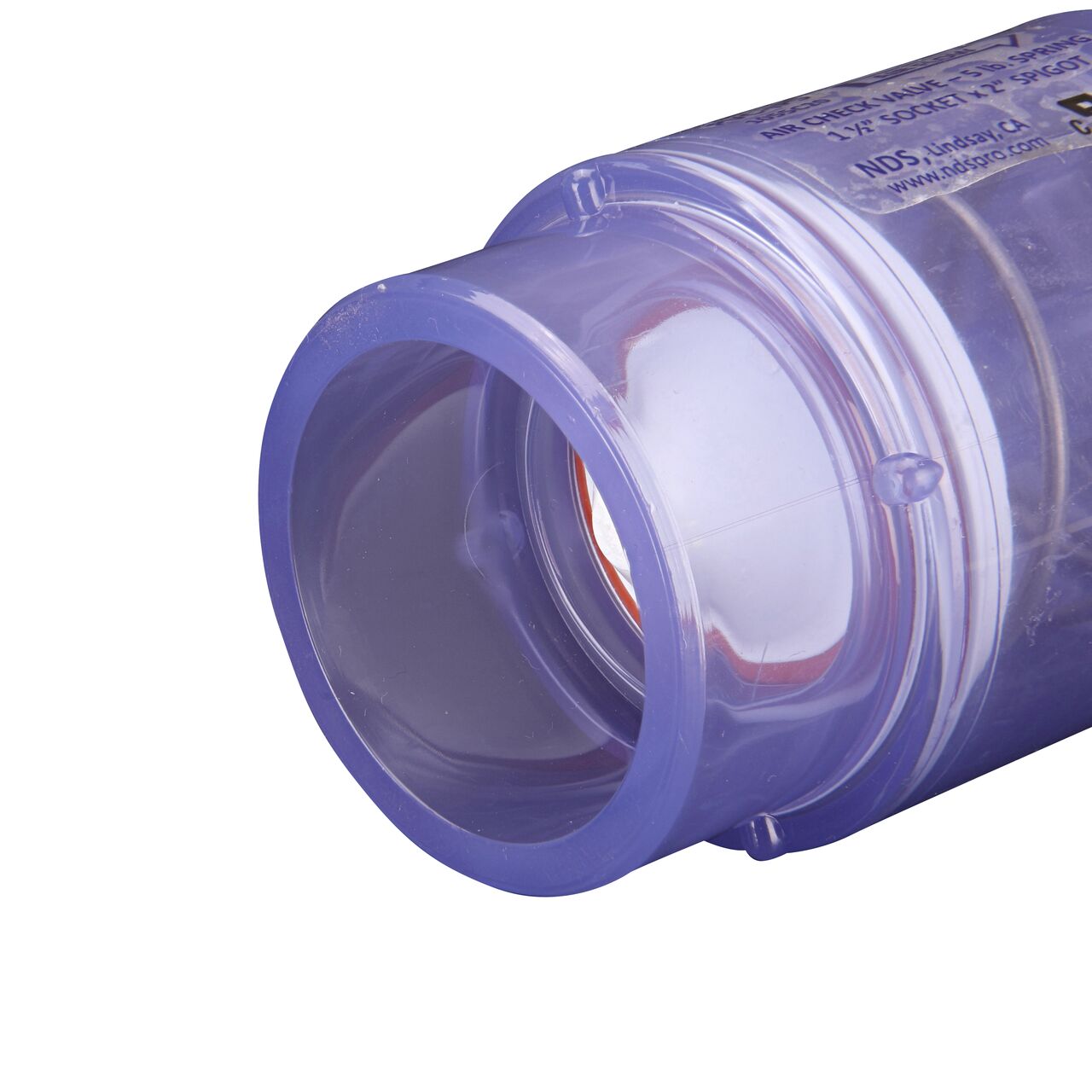 Closeup of the threaded end of the NDS Clear 1-1/2 in. slip end by 2 in. spigot end PVC Air Check Valve with 5 lb. Spring (NDS 1055C20)