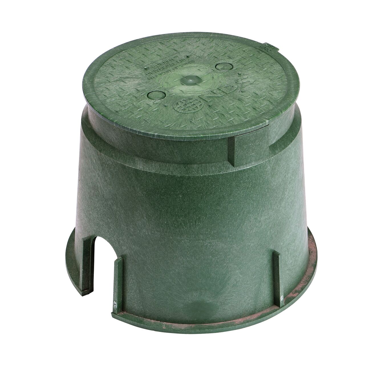 View of entire 10 in. Round SureFit Universal Valve Box Lid (NDS 10RND-UC) installed on the green 10 in. Dura Valve Box