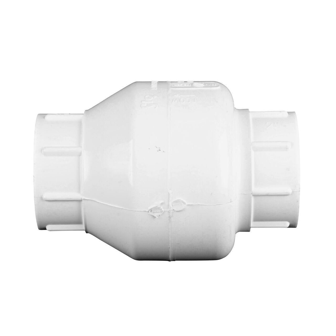 Side to side view of the NDS White 2 in. slip end by slip end PVC Swing Check Valve (NDS 1520-20) which prevents backflow in pipelines