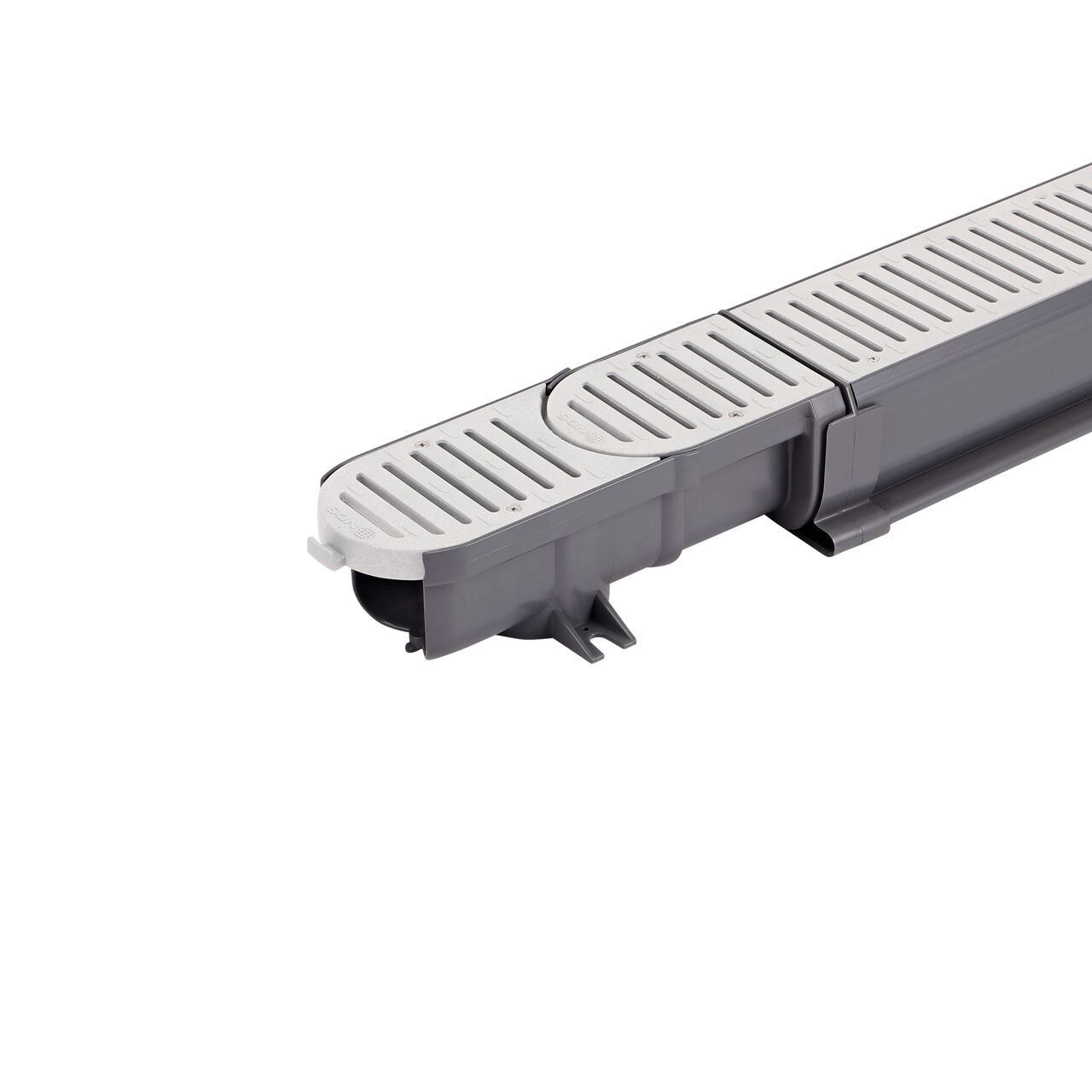 Step 2 is to connect the middle piece from the NDS Spee-D® Contour™ Channel Drain Middle Section and Gray Grate (NDS 400-ACM-WH) to the end piece of the Spee-D® Contour™ Channel Drain Start & End Kit (NDS 400-ACSE-WH) to form a 0 to 9 degree curve
