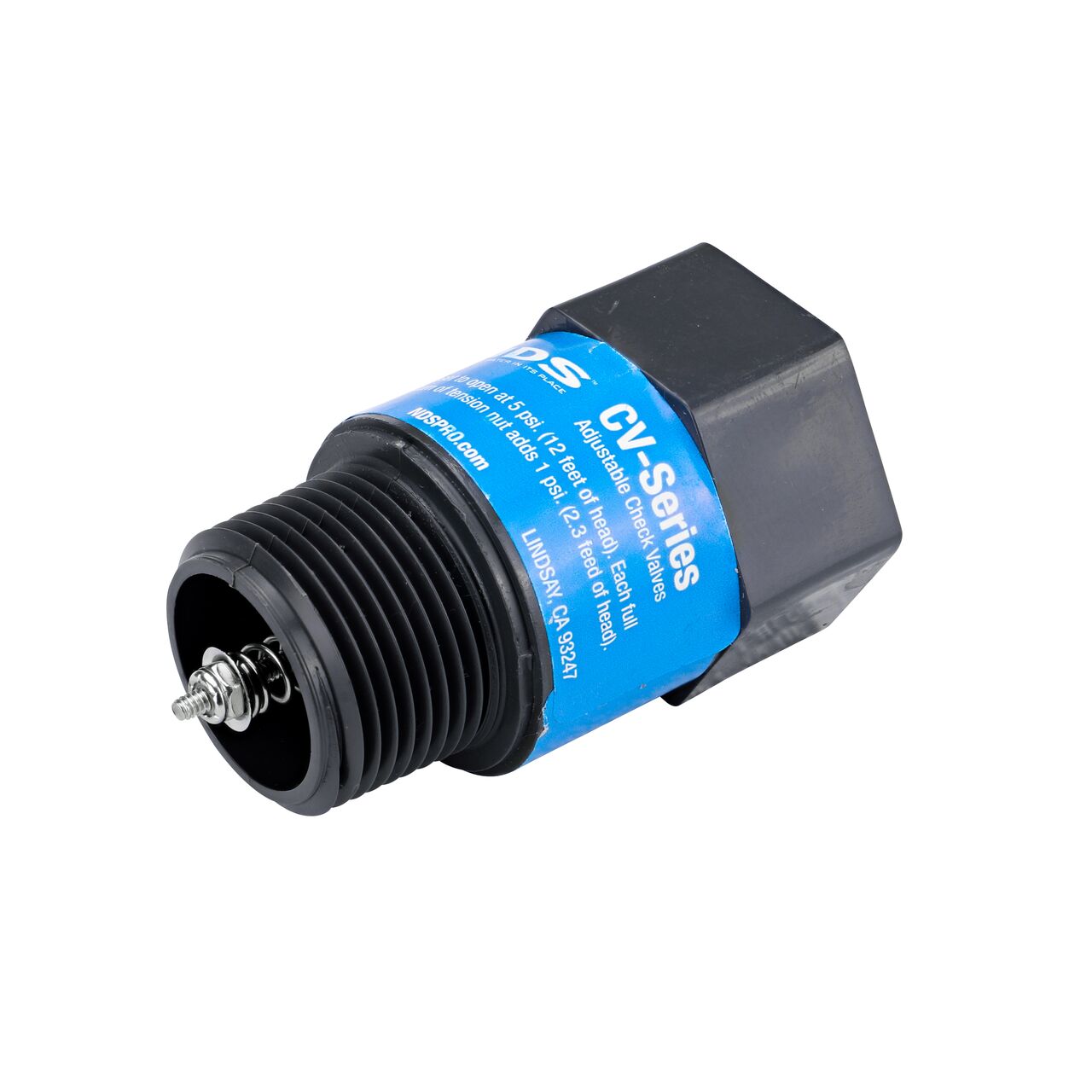 The male end of the NDS Gray 1 in. IPS MPT X FPT PVC Adjustable Inline Spring Check Valve (NDS CV-1000-MF) has a nut on end to adjust the 5 lb spring tension