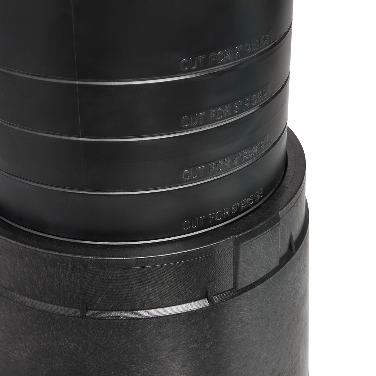 Closeup view of the Spee-D® riser (101R) connects onto NDS Black Plastic 6 in. Round Standard Series Box that reaches up to 6 in. above the surface  (NDS 2107B)