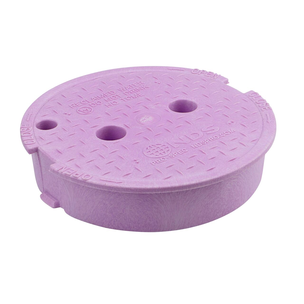 This NDS 10 in. Round Pro-Spec® Series Valve Box Cover is a Purple Cover with Reclaimed Water markings on the lid and fits NDS Pro-Spec® series 10 in. valve boxes (NDS 311CR)