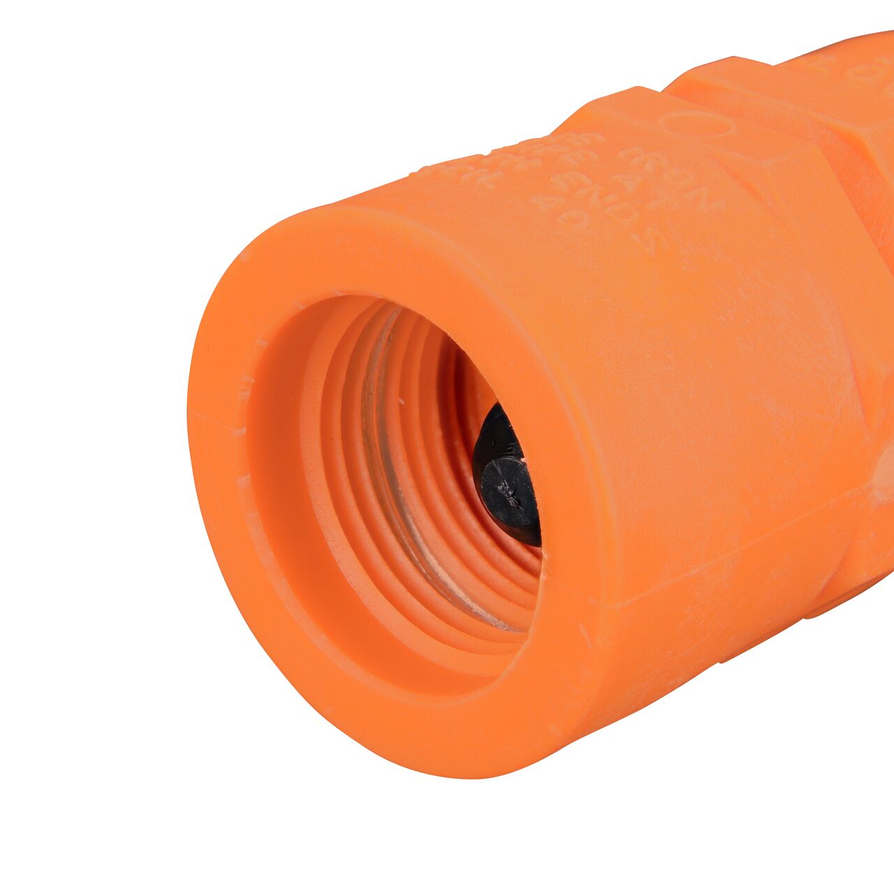 Closeup of the non-sloped end of the threaded NDS Orange 3/4 in. IPS Female Threaded PVC Breakaway Coupling Valve (NDS 1010-07-O)