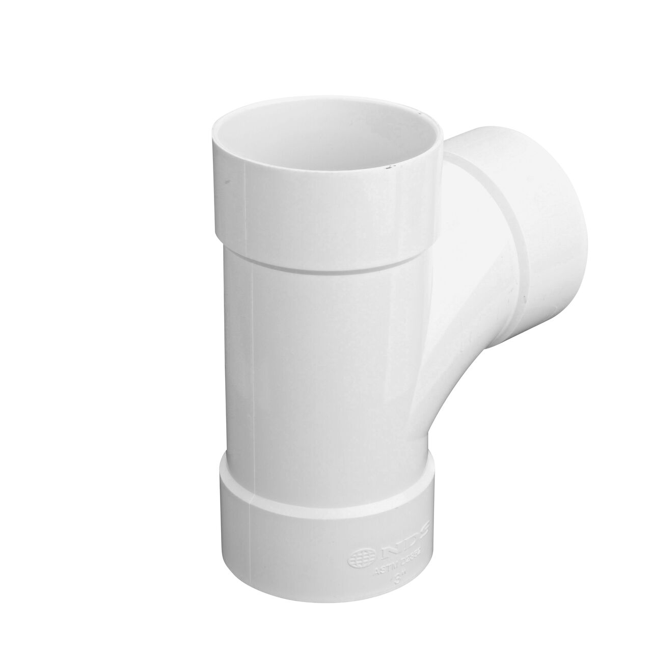 The straight long end of the NDS PVC sanitary tee for 3 inch sewer and drain pipes (NDS 3P09)