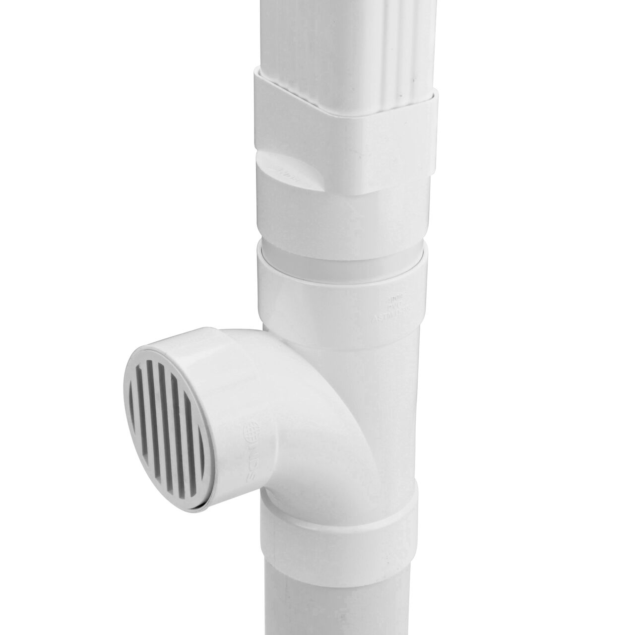 Assembled downspout assembly with the NDS 3X4 in. Downspout to 4 in. S&D Hub (NDS 9P06, 906G*) downspout adapter installed with a 3X4 downspout, 4 in. S&D pipe, NDS Sanitary Tee (4P09) with a NDS 4 in. round S&D pipe & fitting grate (9P11) attached, and an additional 4 in. S&D pipe at the bottom
