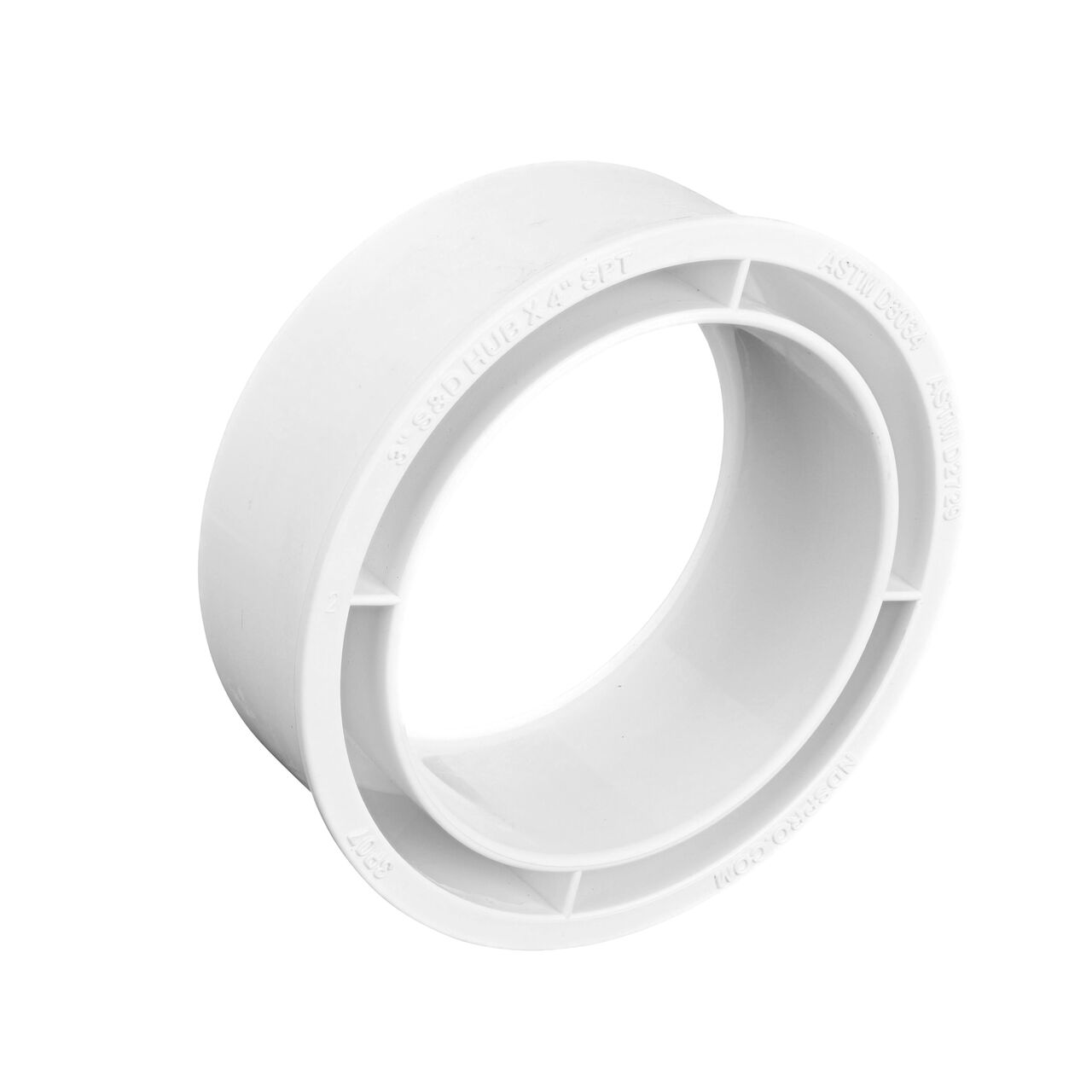 Alternate View of the PVC increaser/reducer bushing, connects 3 in. Sewer and Drain Spt to 4 in. S&D Hub (NDS 3P07, NDS M3P07)