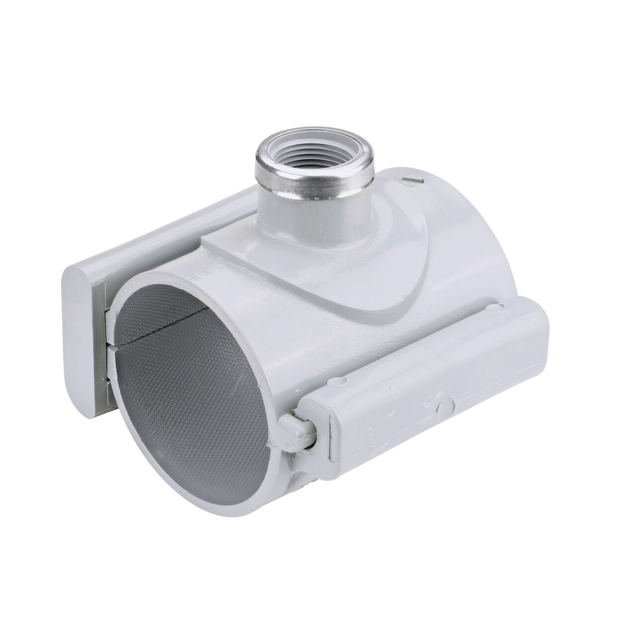 The NDS Clamp-It™ Rigid PVC Saddle with 1 in. FPT connection on top (NDS 443010) for 3 in. PVC pipe has a patented wedge design on one side and hinge on the other to install a sprinkler irrigation system to existing pipe without any bolts
