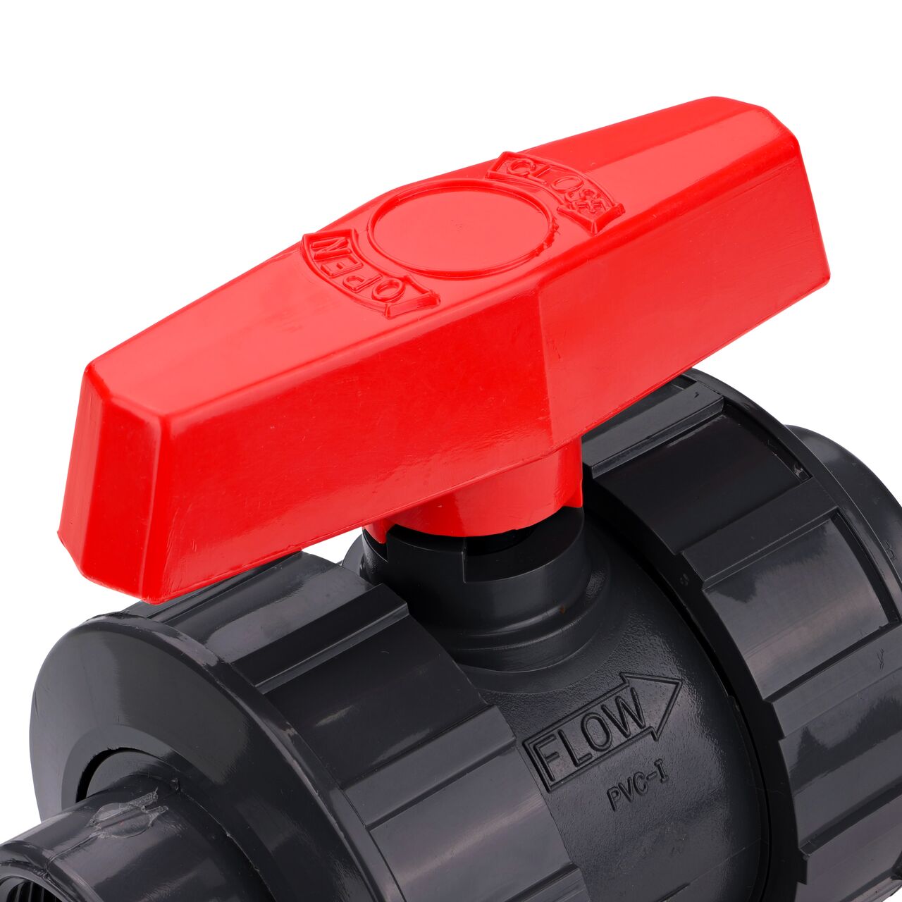Closeup view of the easy to turn, two-sided handle on the 1-1/4 in. PVC Slip & Threaded True Union Ball Valve (NDS BTU-1250-E)