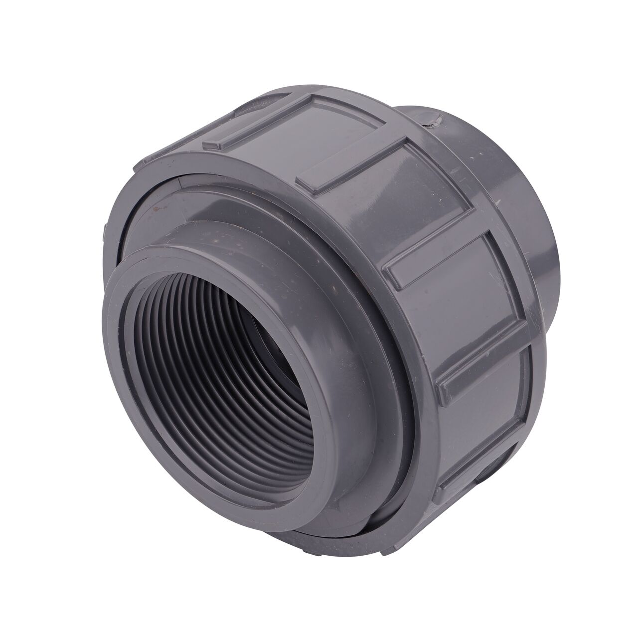 The NDS 2-1/2 in. PVC FPT Union connects two 2-1/2 in. schedule 80 pipes with MPT ends to create a leak-resistant connection without the need for traditional glued sealant (NDS U-2500-T)