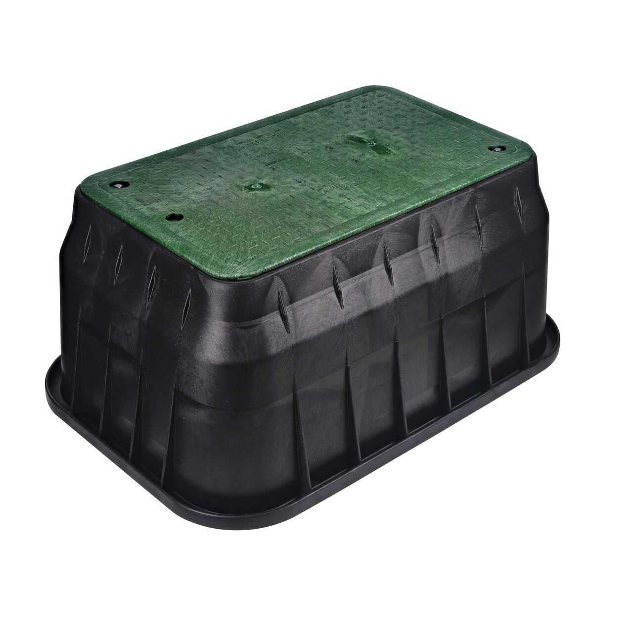 The NDS 17 in. X 30 in. Rectangular Pro-Spec Series Valve Box and Cover is an 18 in. high Black Box and Green Cover with telecom markings on the lid; protects and conceals components and includes two bolt holes and bolts to secure cover to box (NDS 326BCBT-BG)