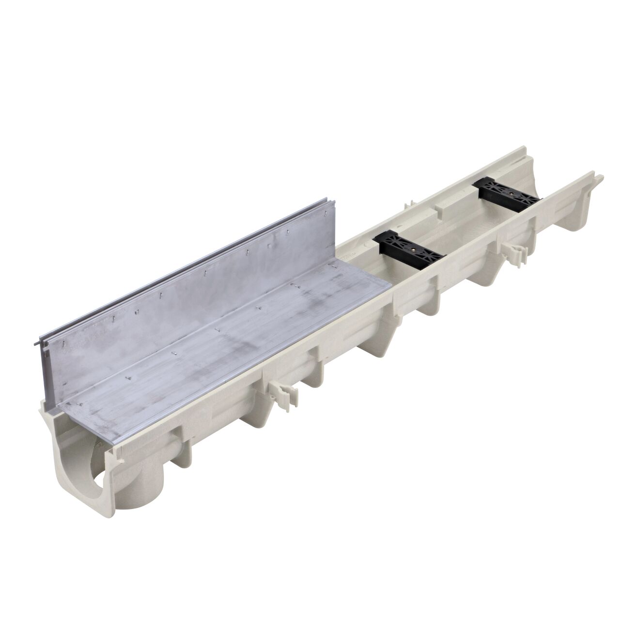 One NDS Dura Slope stainless steel slot top channel drain grate (NDS DS-SS-ST500) installed on a Dura Slope Channel Drain (NDS DS-091)