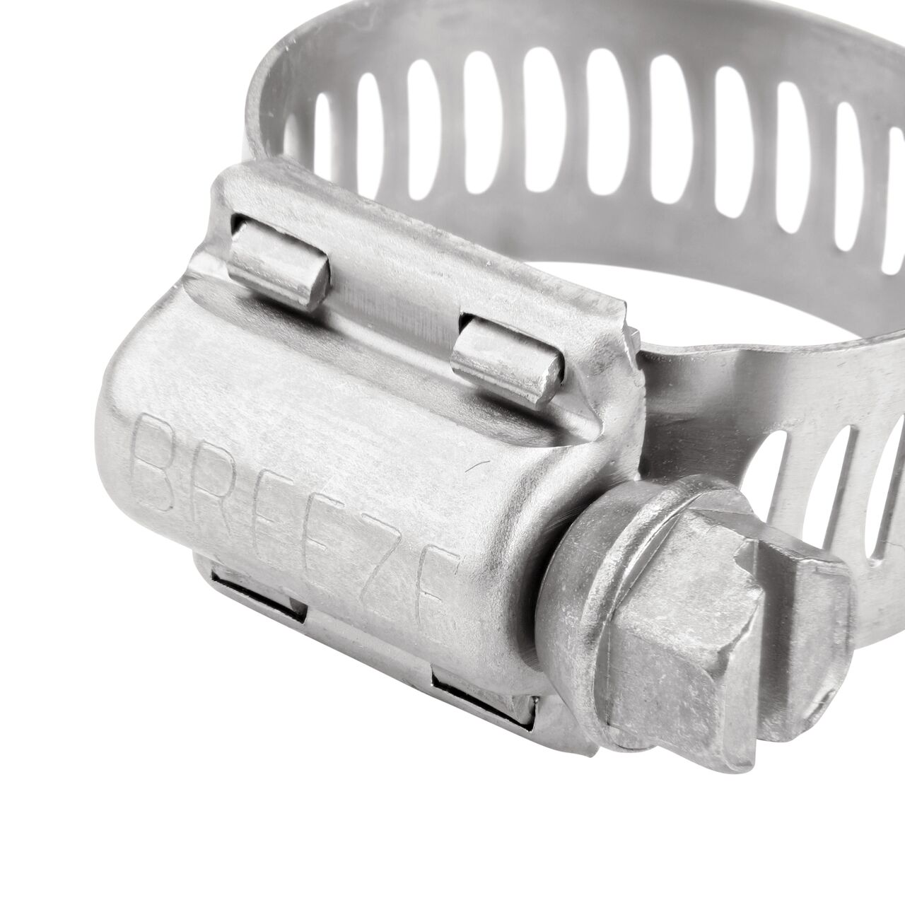 Closeup view of the NDS SAE 10 Worm Drive Hose Clamp with Aero Seal 1/2 in. band width (NDS 64010H) with a 5/16 in. 410 Stainless Steel hex screw; tighten to 30-45 in. lbs. torque to close