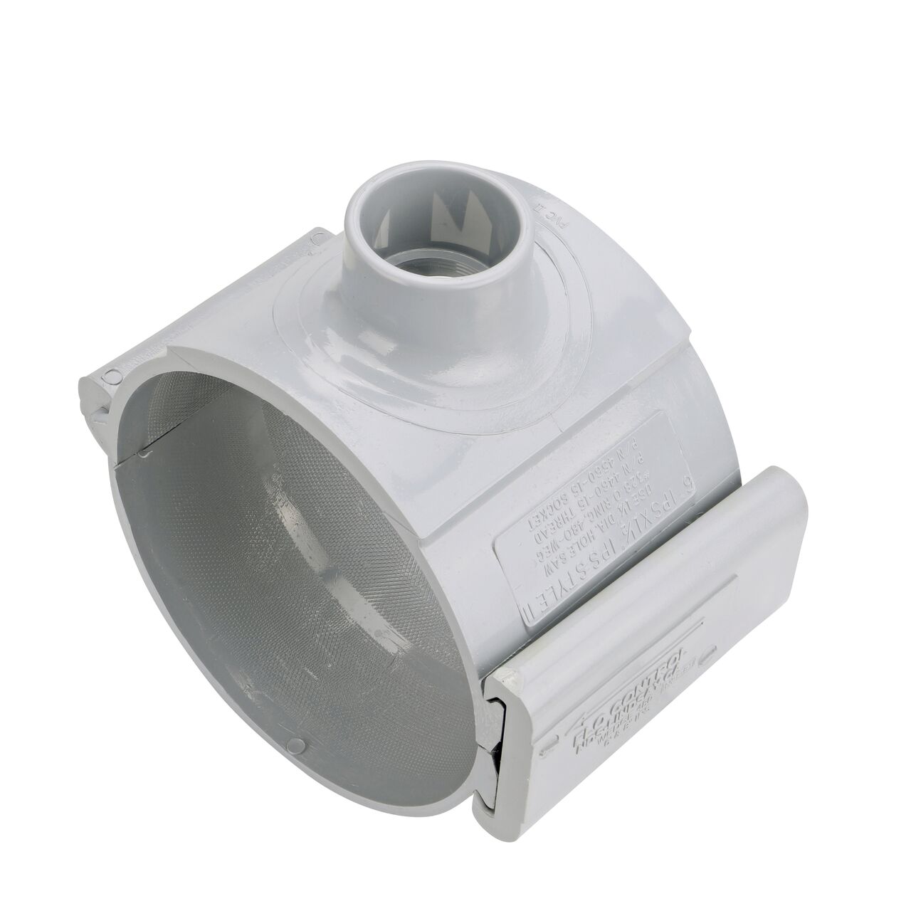 The 2 in. slip outlet at the top of the NDS Clamp-It™ Rigid PVC Saddle (NDS 456020) for 6 in. PVC pipe adds a riser or sprinkler to an existing pipeline for agricultural or mining applications