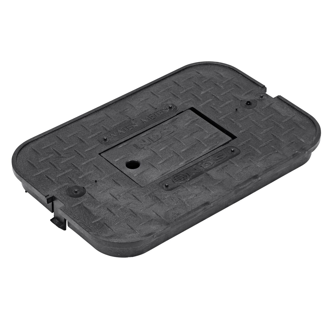 This NDS 14 in. X 19 in. Rectangular Standard Series Meter Box Cover is a Black Overlapping Cover with Water Meter markings on the lid (NDS D1200-OLRBL) with a Plastic reader door and fits NDS standard series 14 in. X 19 in. meter boxes