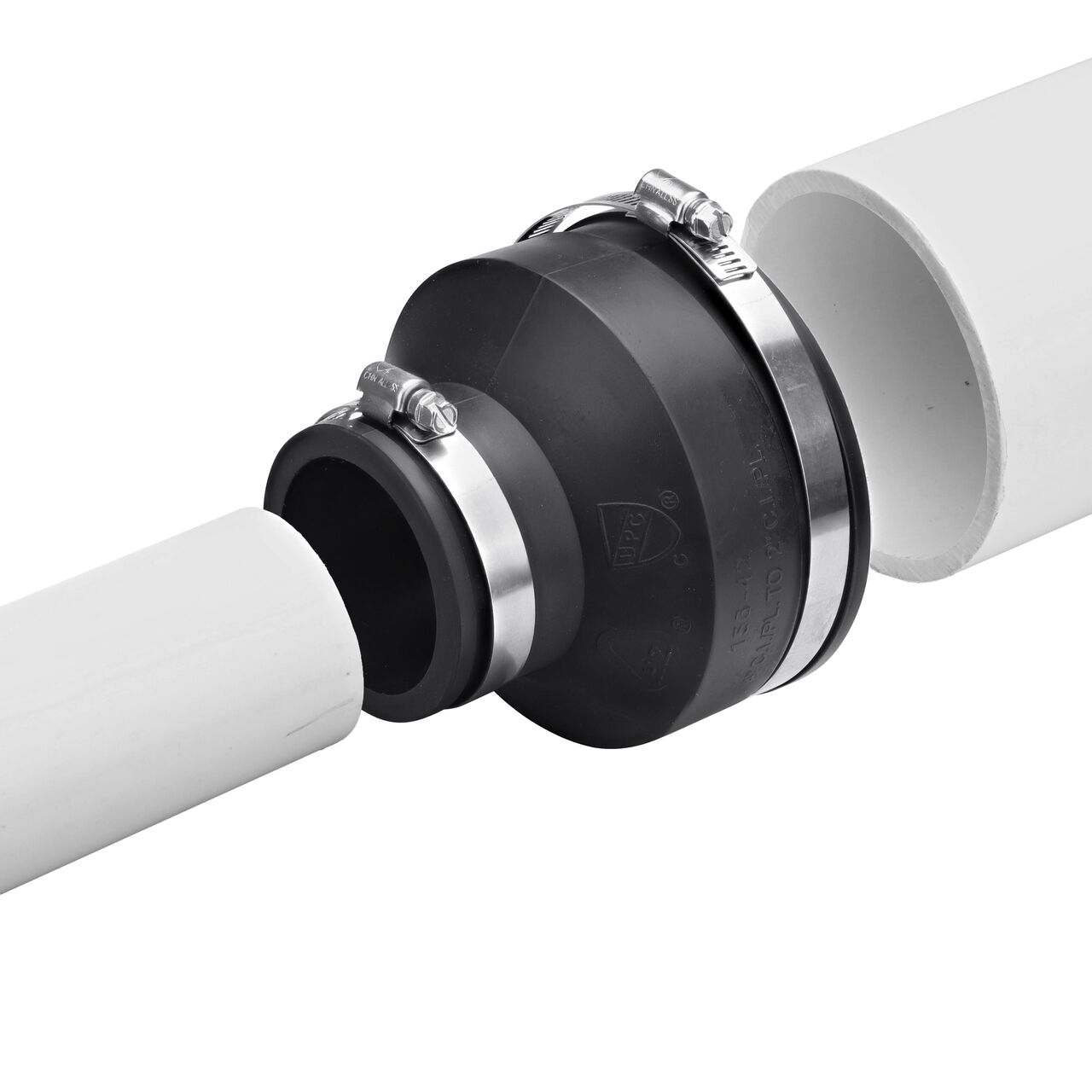 The NDS 4 in. X 2 in. flex coupling installation step shows how to loosen the band to form a positive seal against infiltration and exfiltration in non-pressure environments (NDS 56-42)