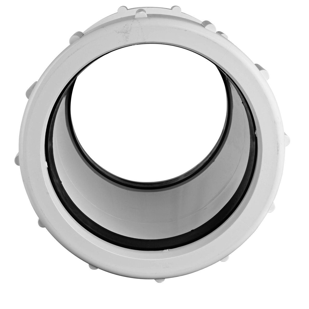 The NDS 6 in. IPS UC Compression Coupling showing the gasket inside the adjustable nut that secures it in place once installed (NDS CPC-6000)