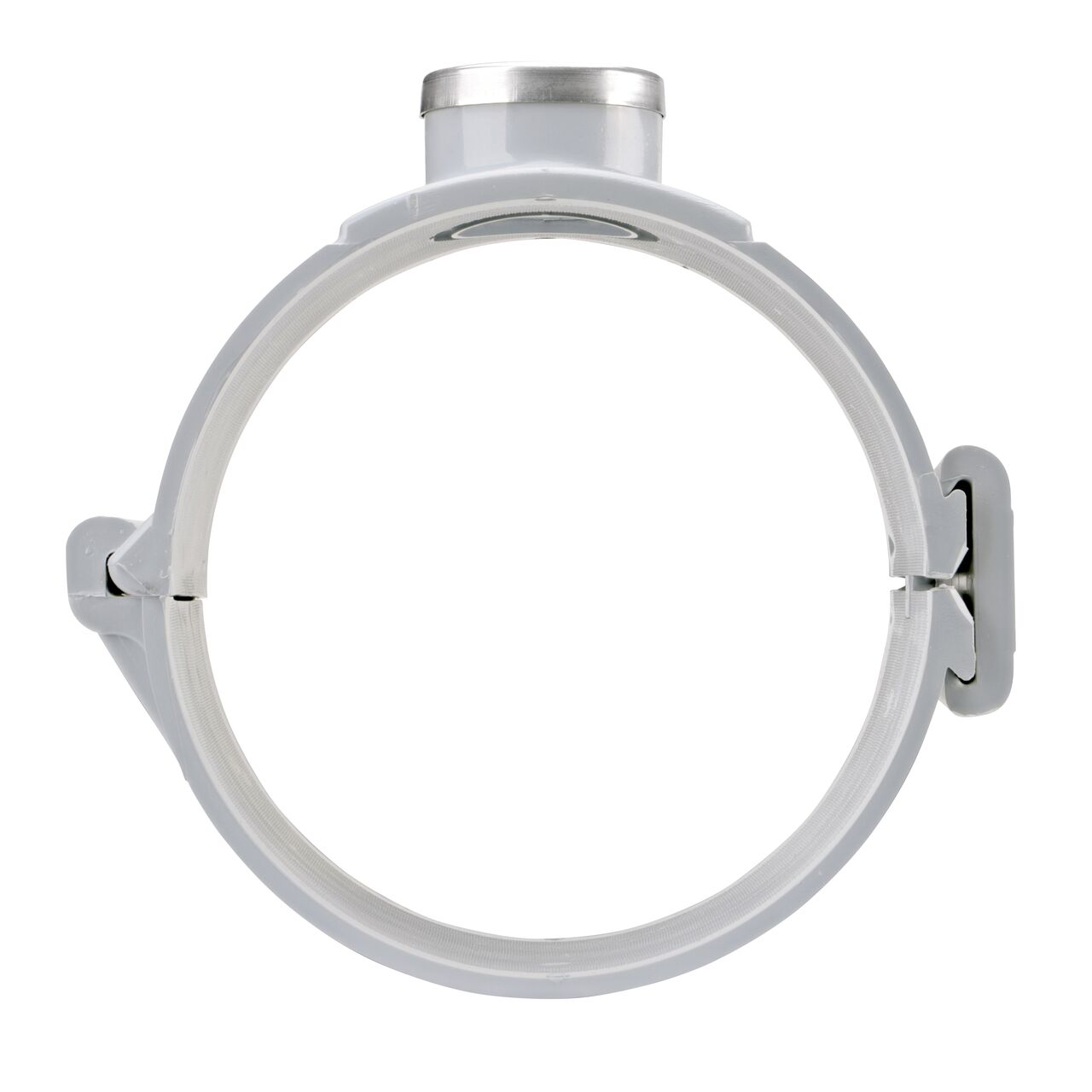 Front facing view of the NDS Clamp-It™ Rigid PVC Saddle with 2 in. FPT connection on top (NDS 448020) for 8 in. PVC pipe showing both the wedge and hinge sides