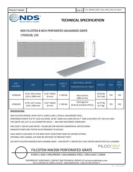 NDS BG-FILCOTEN® 200 Trench Drain Grate Decorative Perforated Design Ductile Iron Tech Spec