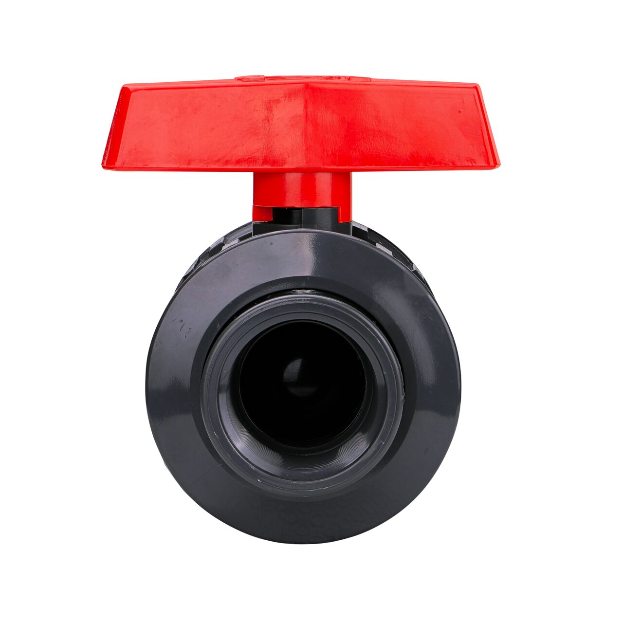 The 1-1/2 in. PVC Slip & Threaded True Union Ball Valve (NDS BTU-1500-E) shown with the connection end attached with the handle in the closed position to show how ball valve provides a shut off point in the system