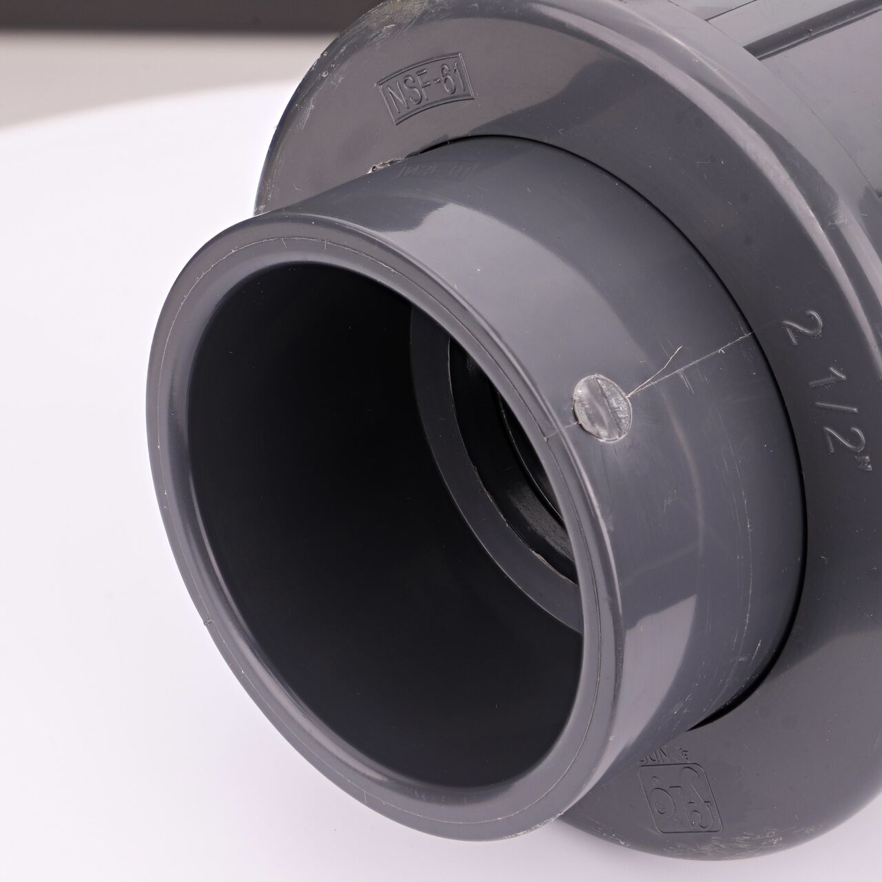 Closeup view of the other slip end on the NDS 2-1/2 in. PVC Union (NDS U-2500-S) used to connect pipes and provide a quick way to separate pipes when needed