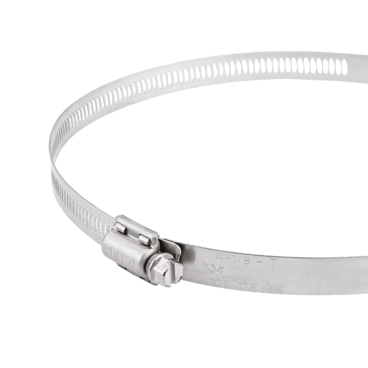 Closeup view of the NDS SAE 104 Worm Drive Hose Clamp with Aero Seal 1/2 in. band width (NDS 64104H) with a 5/16 in. 410 Stainless Steel hex screw; tighten to 30-45 in. lbs. torque to close