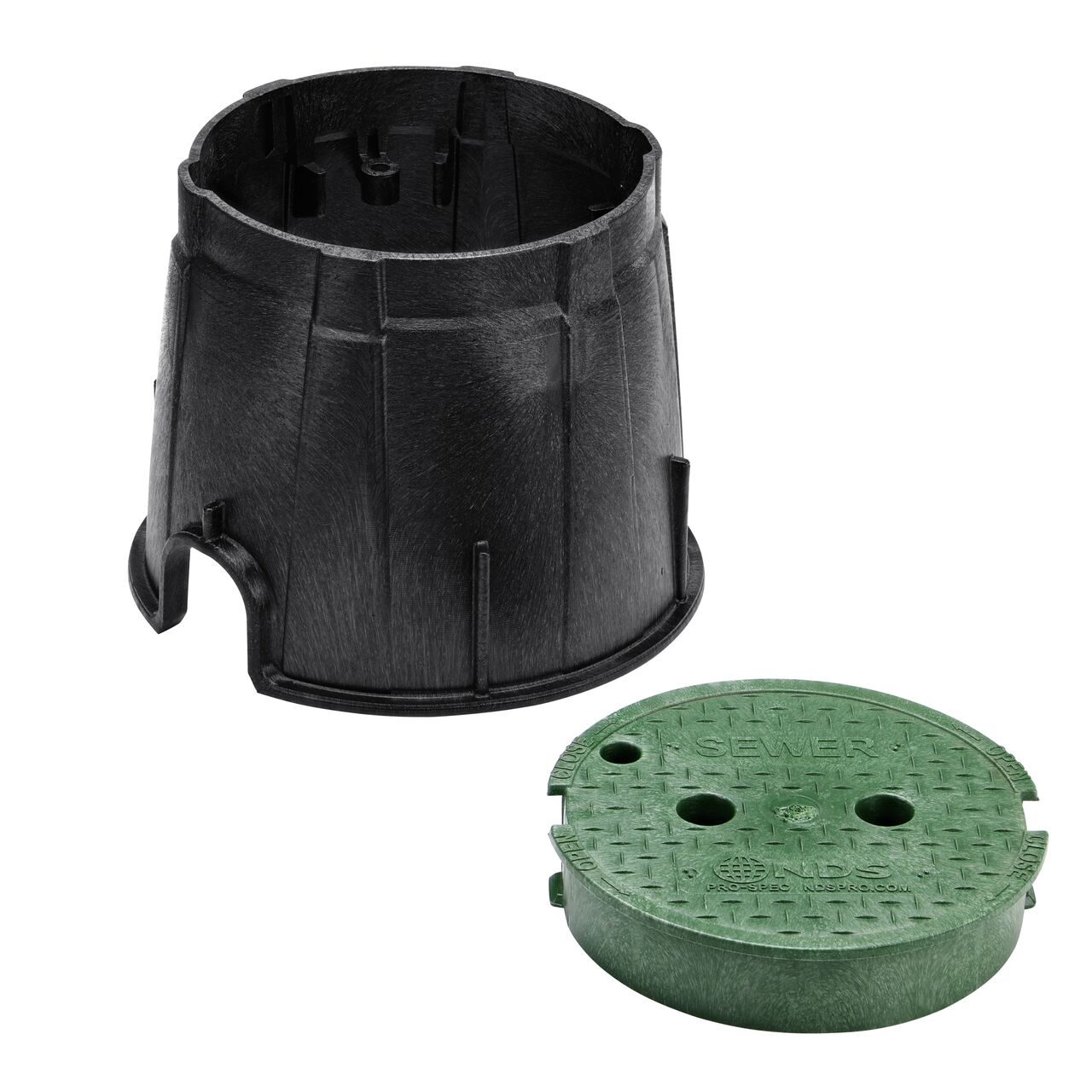 Unassembled View of the NDS 10 in. Round Pro-Spec® Series Black Box and Green Sewer Cover (NDS 311BCS) showing the overlapping cover with a bayonet twist-lock lid featuring two finger slots, making it easy to remove or secure onto the box