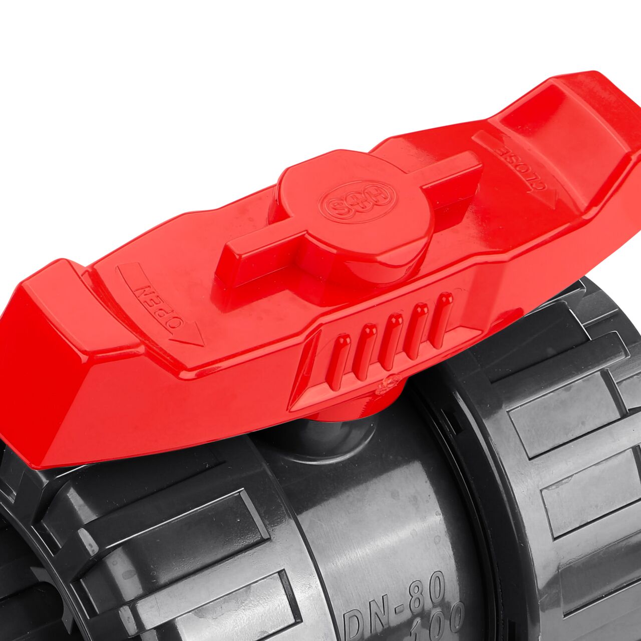 The NDS 3 in. PVC Slip True Union Ball Valve (NDS BTU-3000-SE) includes directional markings to show which way the one-way valve conveys water through the pipes