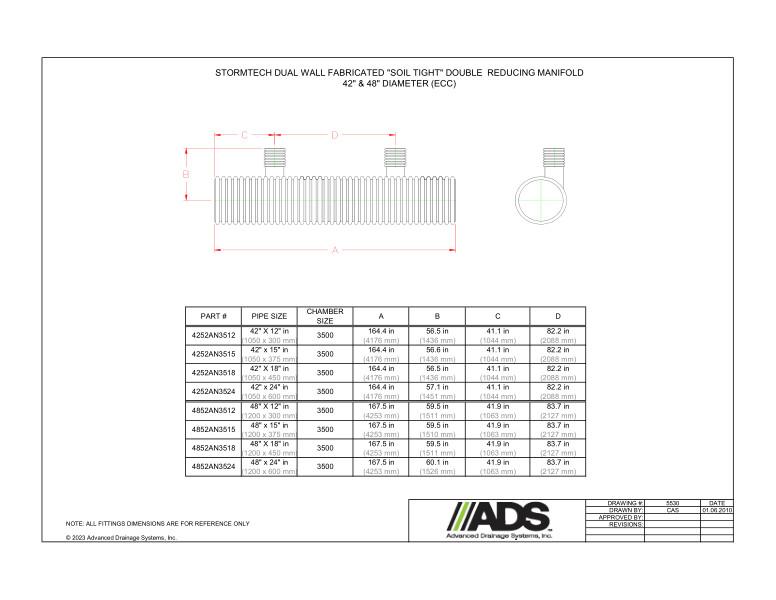 42" & 48" StormTech Dual Wall Fabricated Soil Tight Double Reducing Manifolds (StormTech Dual Wall HDPE Fittings)