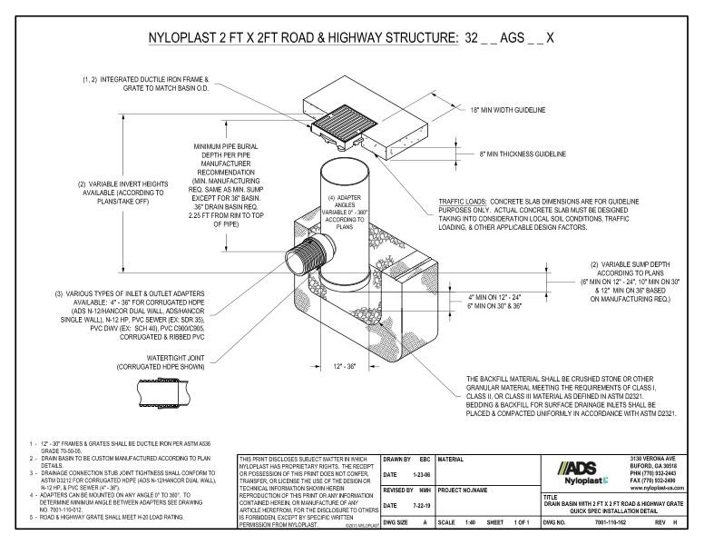 Drain Basin with 2' x 2' Road & Highway Grate Quick Spec Installation Nyloplast Detail