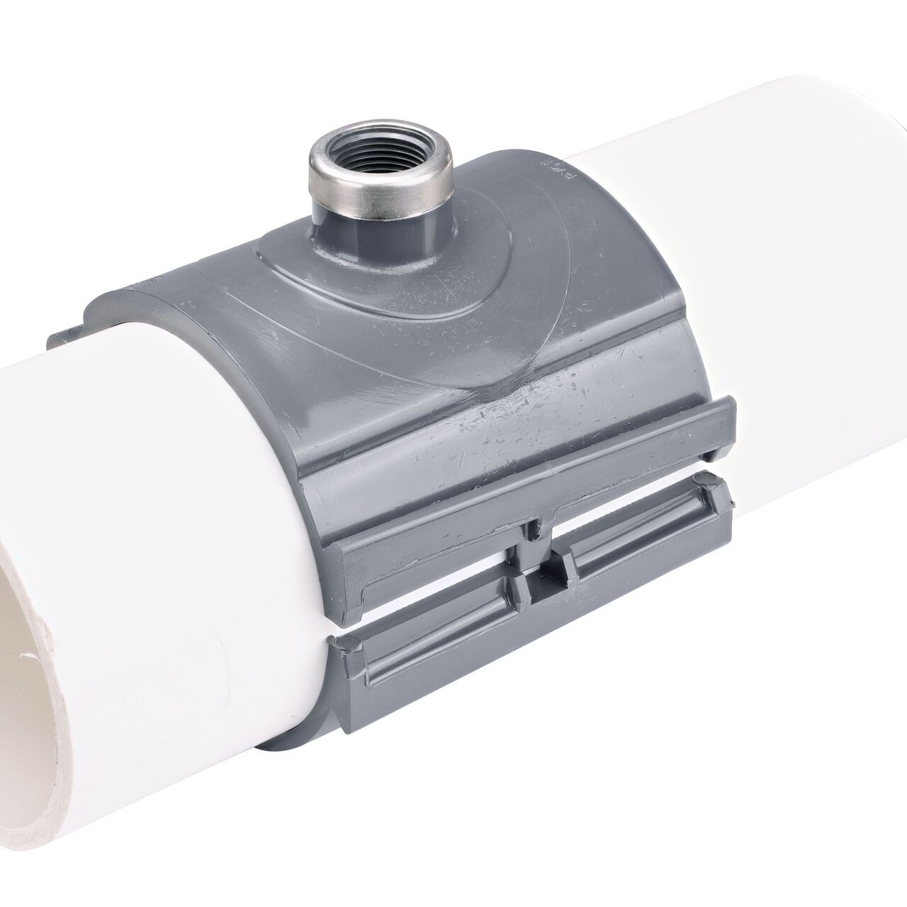 The NDS Clamp-It™ Rigid PVC Saddle with 3/4 in. FPT connection on top (NDS 444007) clamps onto 4 in. PVC pipe
