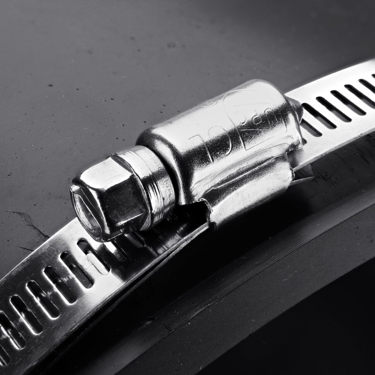 Closeup view of the large end on the NDS 8 in. flex coupling connects two cast iron/sewer and drain or DWV/copper/steel/lead pipes (NDS 56-88)