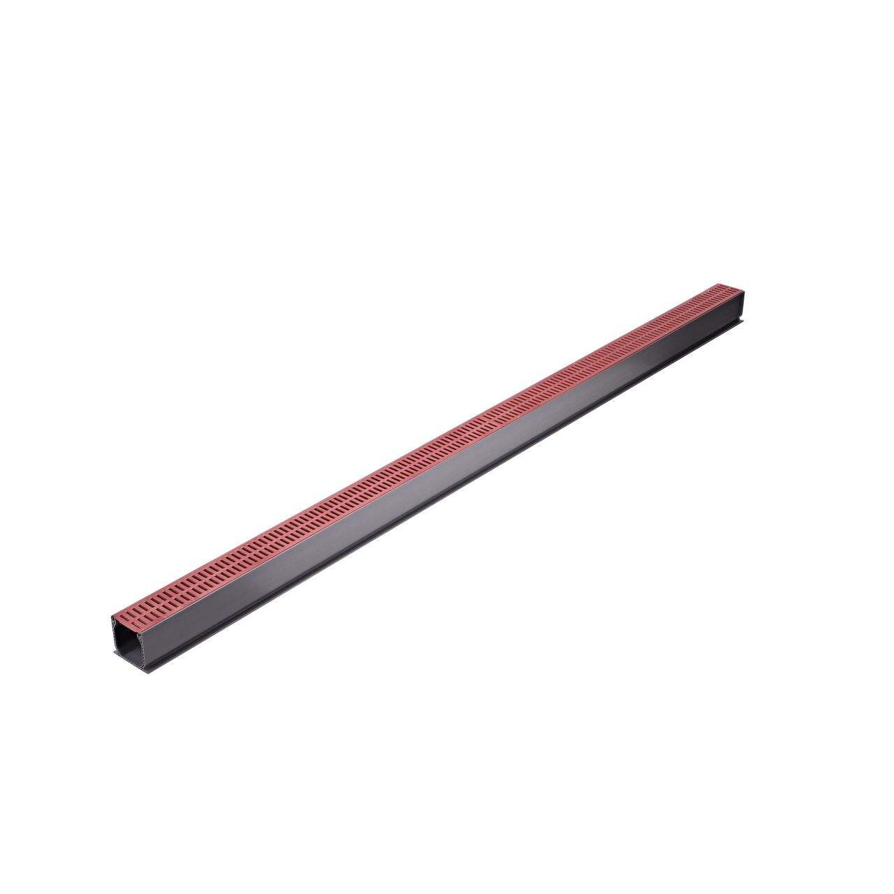 Two Brick Red Plastic Mini Channel™ Drain Grates (NDS 551) as they fit on one Mini Channel™ Drain (NDS 500)