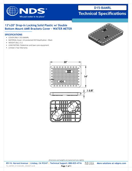 NDS 13 in. X 20 in. Rectangular Meter Box Locking Drop-in Double AMR Bottom Mount Cover, Black Water Meter Tech Spec