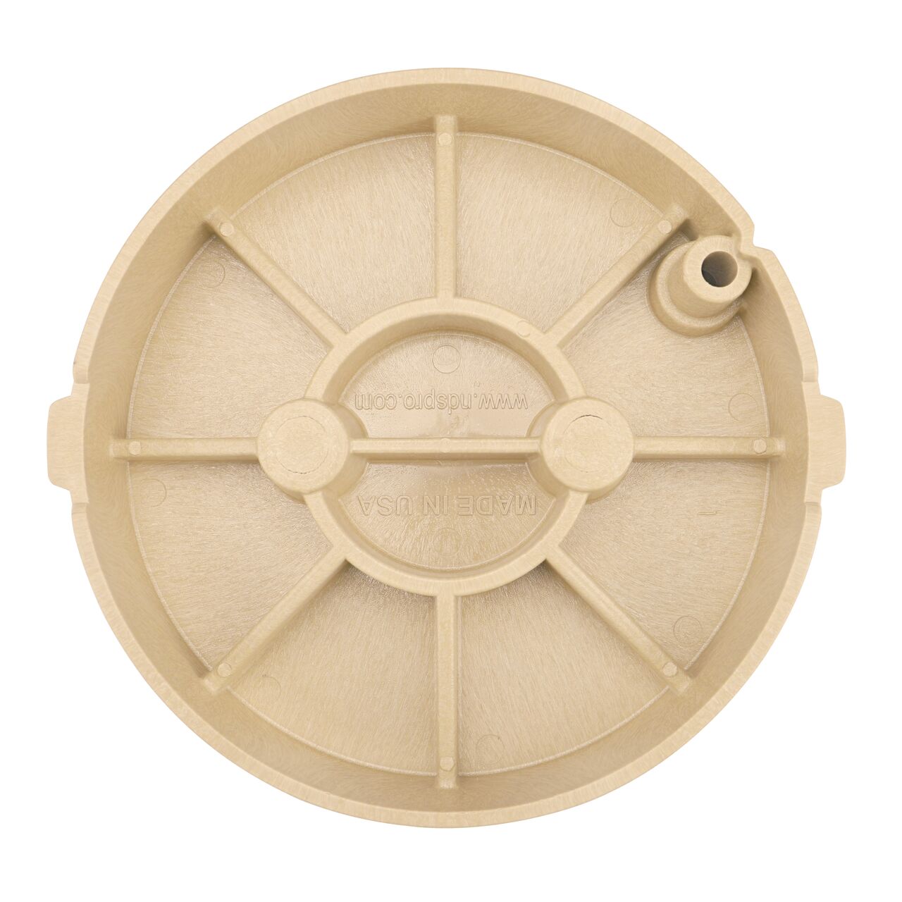 Top down view of the underside side of the Sand Water cover for the NDS 10 in. Round Pro-Spec® Series (NDS 312BCBWSAND) showing reinforcing ribs that are load rated to withstand pedestrian traffic and the rigors of lawn care equipment