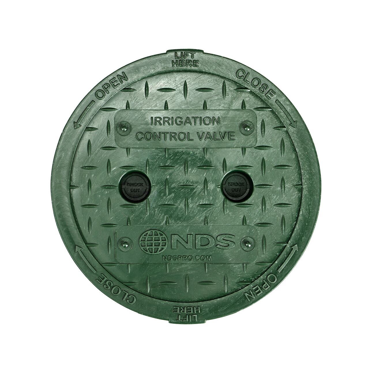 Top down view of the top side of the Green Irrigation Control Valve cover with finger indentations to lift and remove lid (NDS 2107C) for the NDS 6 in. Round Standard Series Valve Box (NDS 109B)