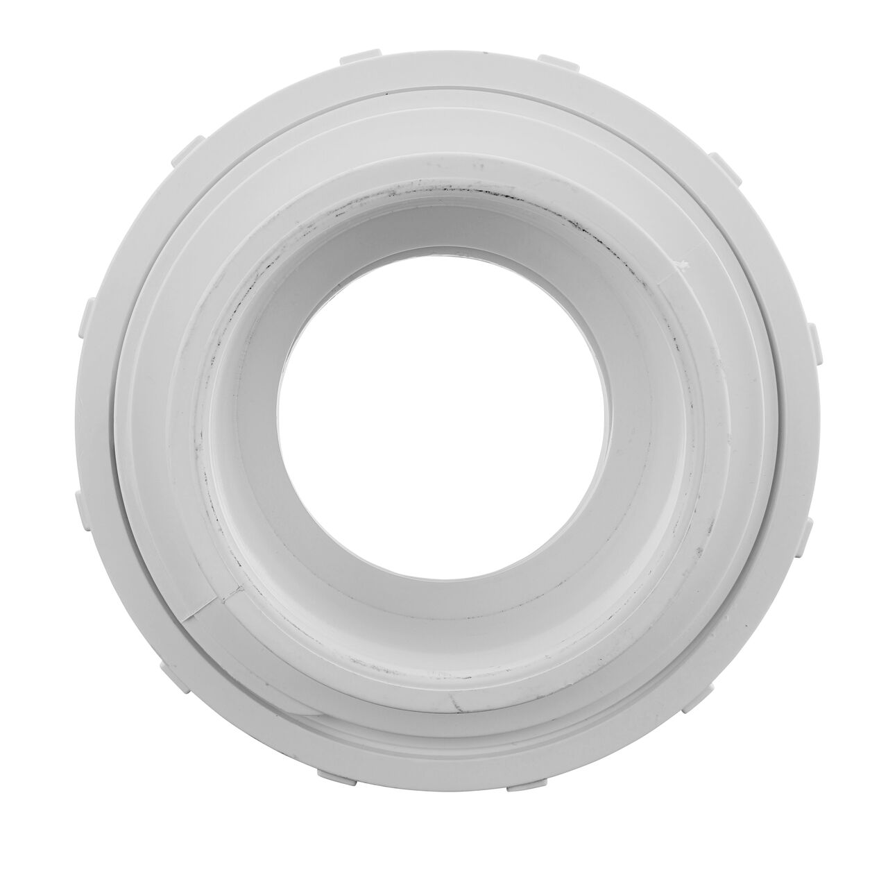 The inside of the PVC Union, 3 in. Sch. 40 S X S which allows water to flow through while preventing leaks and made of durable PVC plastic (NDS WU-3000-S)