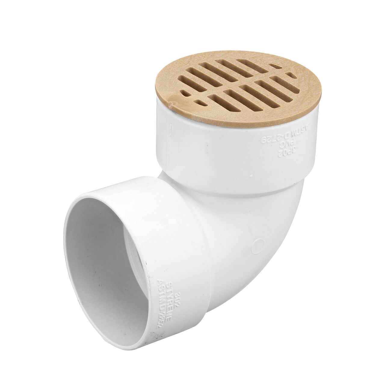 NDS 3 in round grate (NDS 16S) attached to a 3 in. elbow (NDS 3P02)