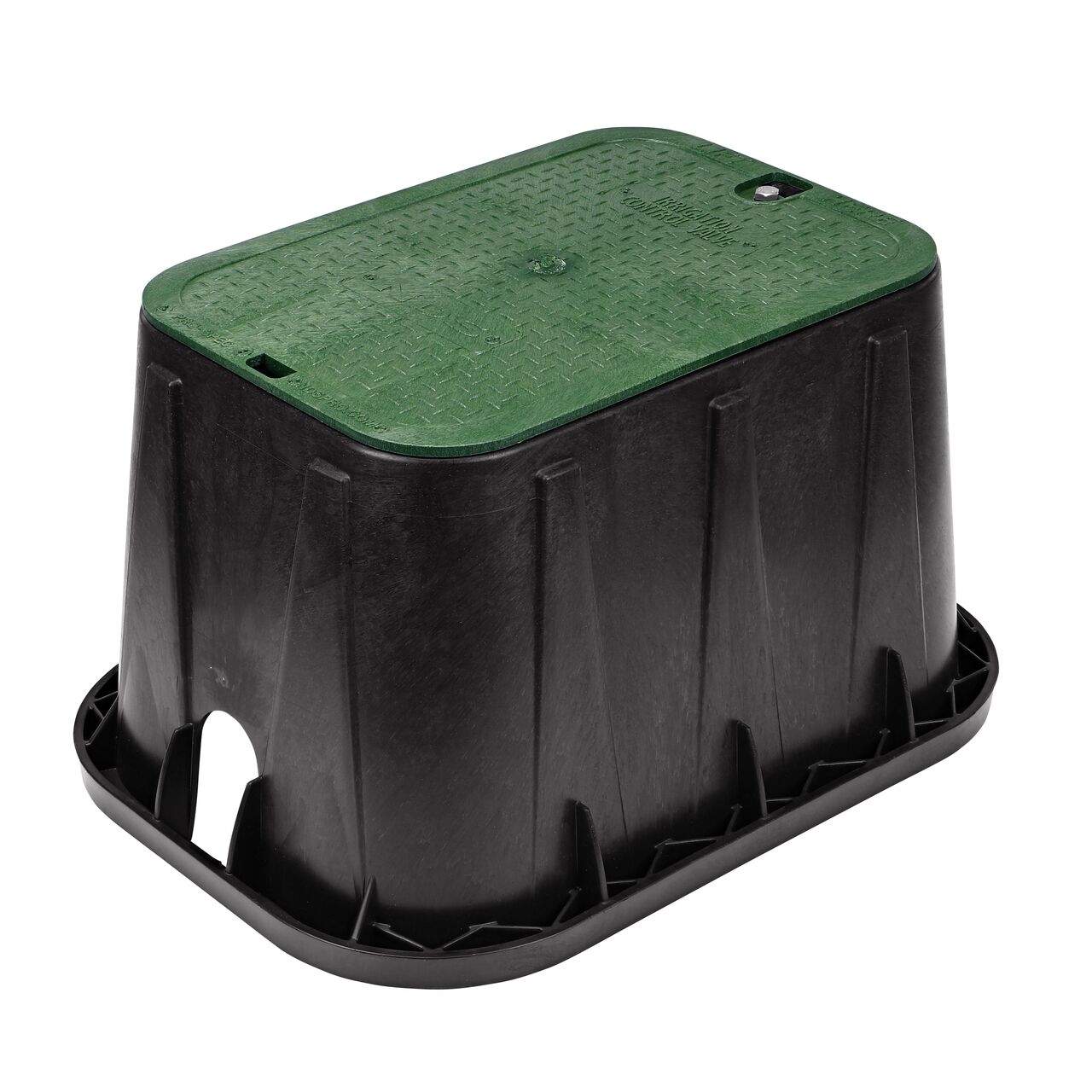 The NDS 14 in. X 19 in. Rectangular Pro-Spec® Series Valve Box and Cover with bolt is a 12 in. high Black Box and Green Cover with Irrigation Control Valve markings on the overlapping lid (NDS 313BCB) and protects underground irrigation and sprinkler system components and keeps them out of sight