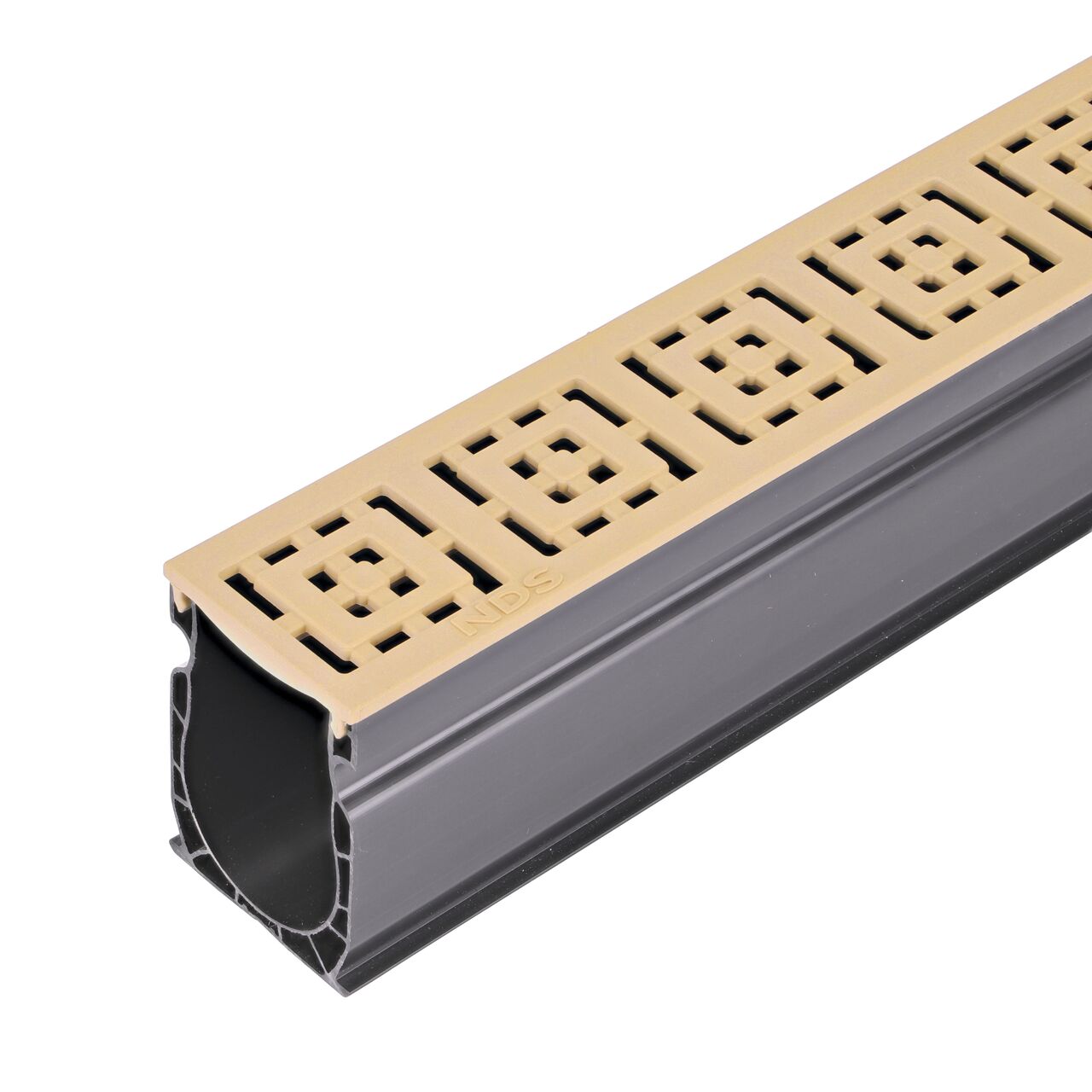 Closeup End of Slim Channel™ Sand Decorative Square Design Drain Grate (NDS 9252) installed on a Slim Channel™ Drain