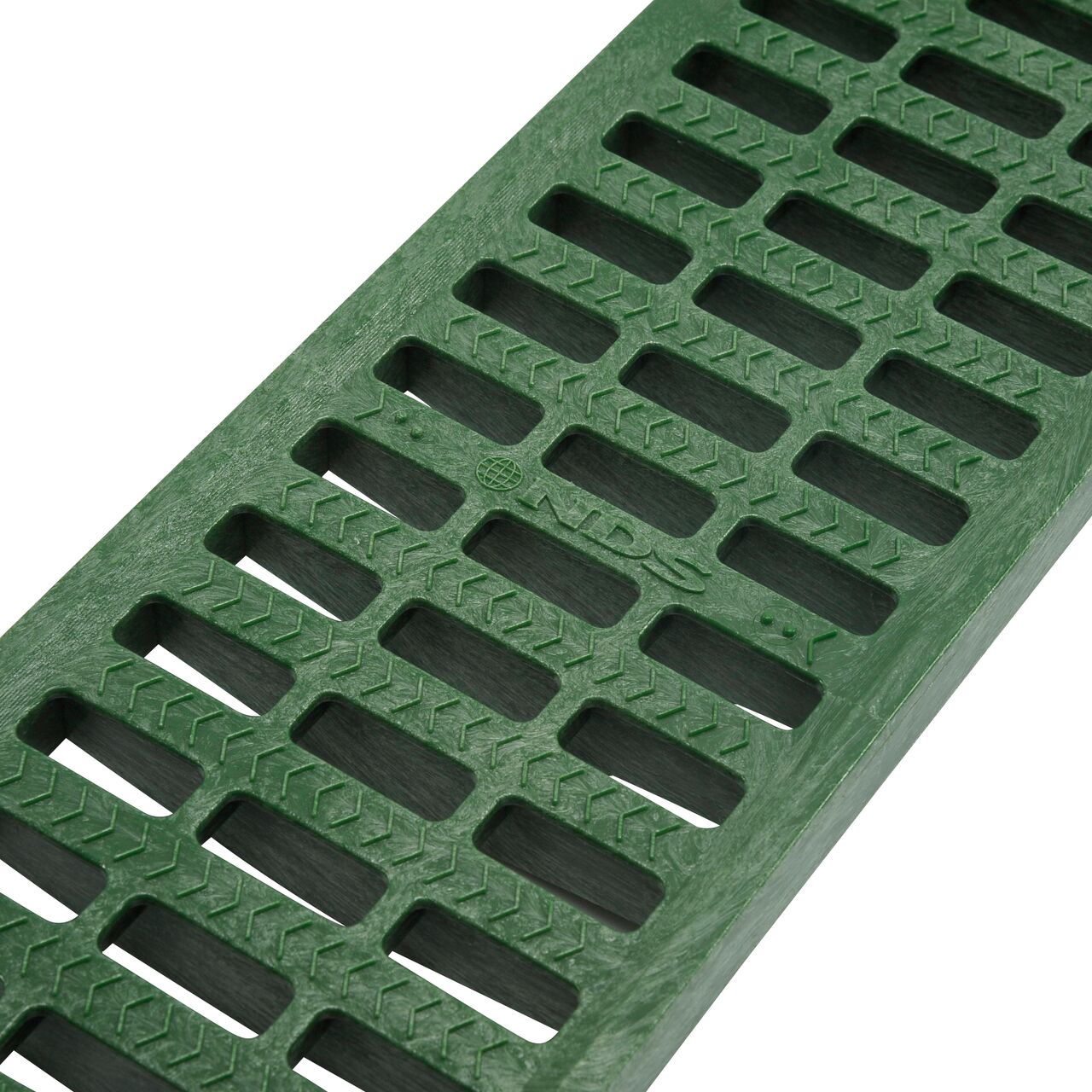 Closeup of grate openings on NDS 5 in. Pro Series Channel Drain Grate in Green Plastic (NDS 815)