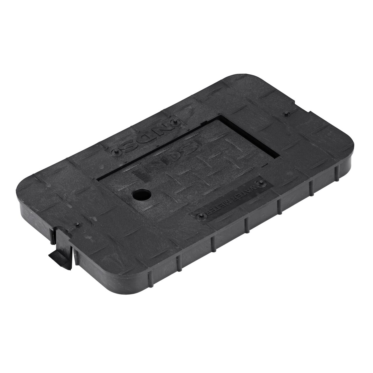 This NDS 10 in. X 15 in. Rectangular Meter Series Box Cover is a Black Drop-in Cover with Water Meter markings on the lid (NDS D1000-RBL) with a Plastic reader door and fits NDS standard series 10 in. X 15 in. valve boxes