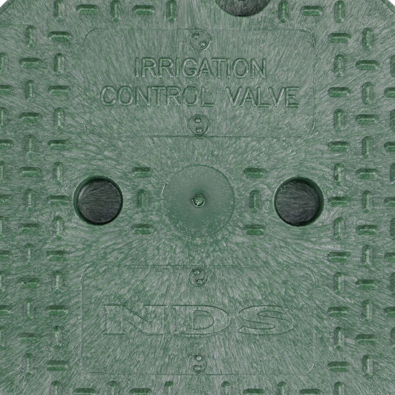 Closeup view of the Irrigation Control Valve markings on the Green Irrigation Control Valve cover for the NDS 10 in. Round Standard Series Valve Box (NDS 112BCB)